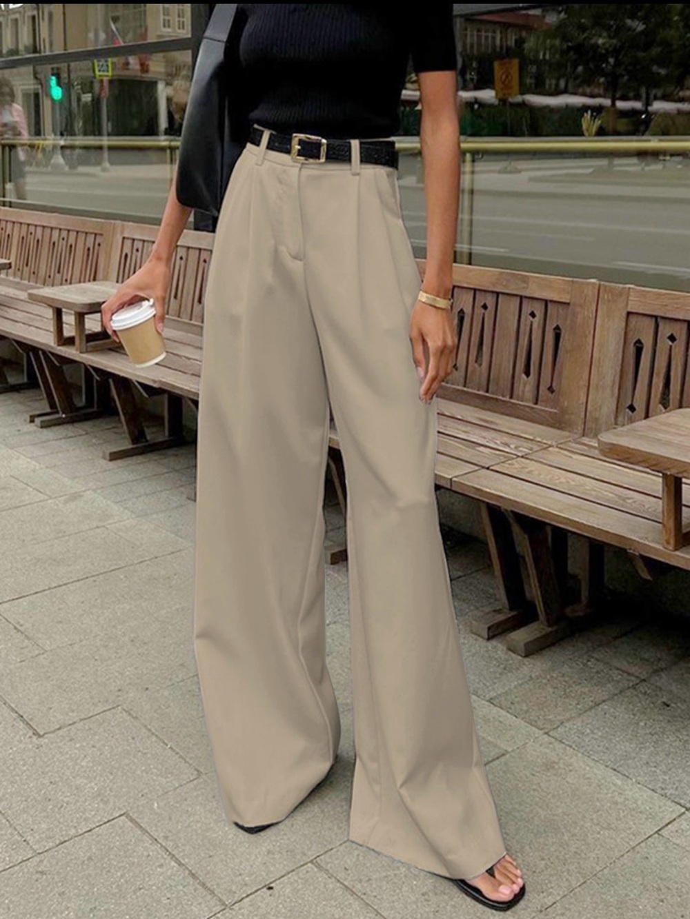Commense Wide-Leg High-Waist Tan Trousers Large 8/10
